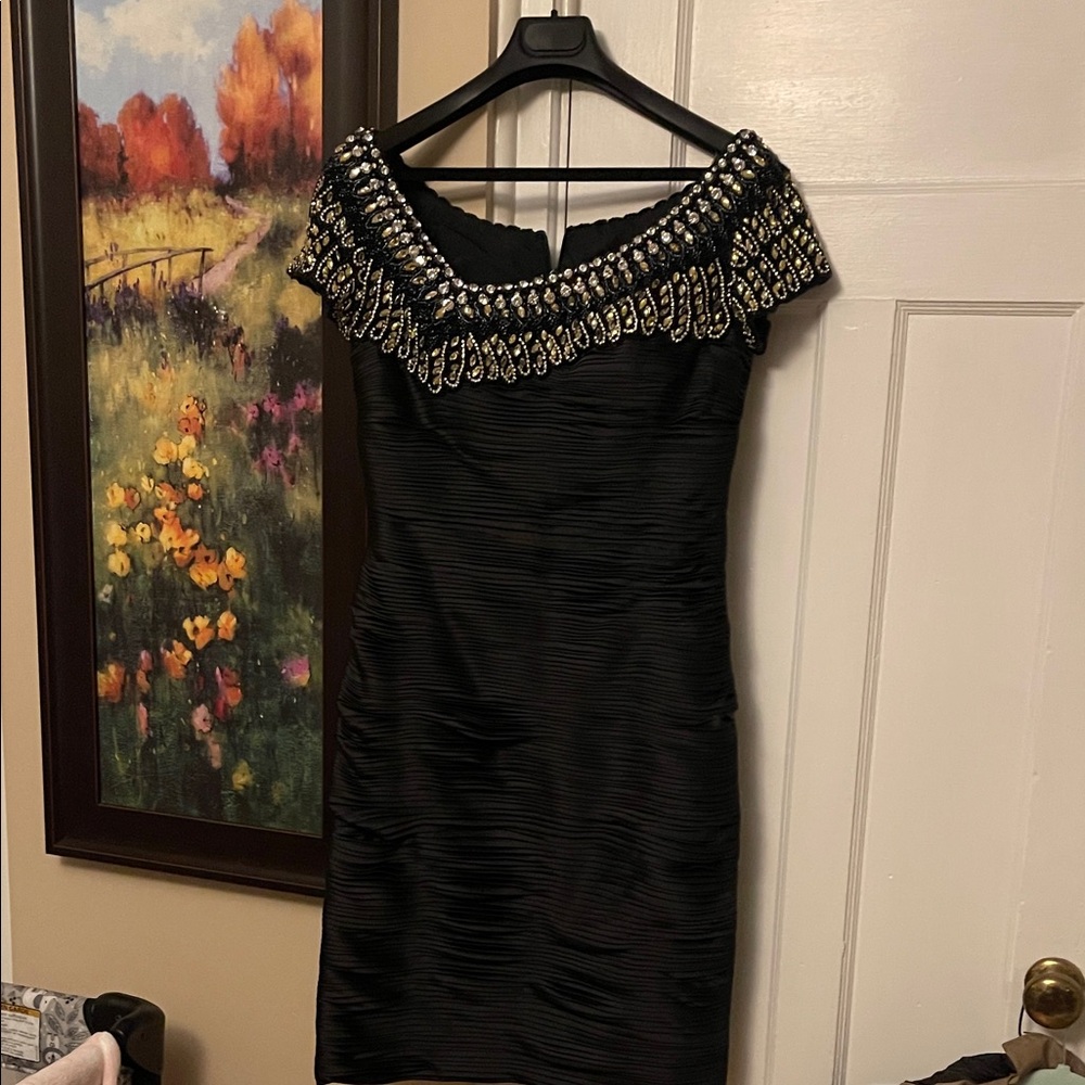Terani Couture Black Dress with Gold Beading